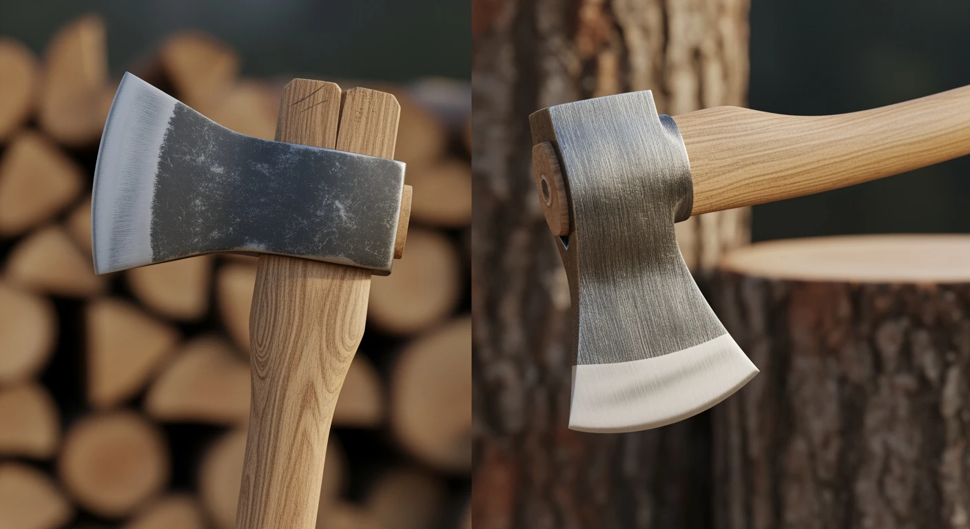 Twee soorten **bijl**: kloofbijl (links) en velbijl (rechts), tegen een achtergrond van brandhout.