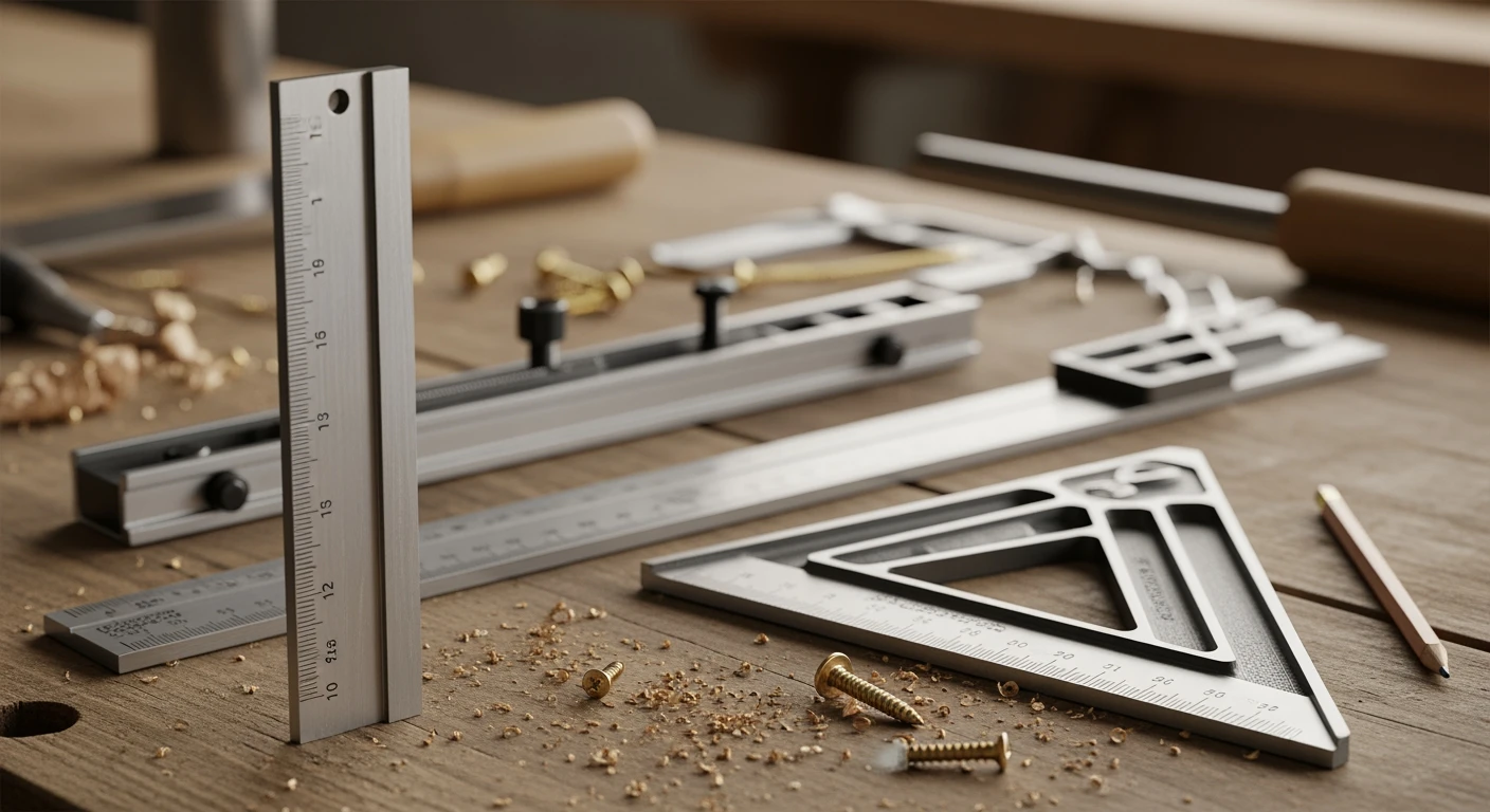 Winkelhaak: Drie soorten winkelhaken op een houten werkbank, klaar voor precisie houtbewerking.