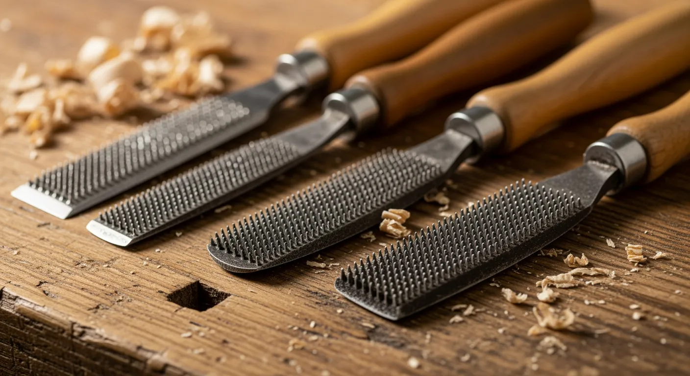 Houtrasp close-up: Verschillende vormen en grofheden op een houten werkbank met zaagsel.