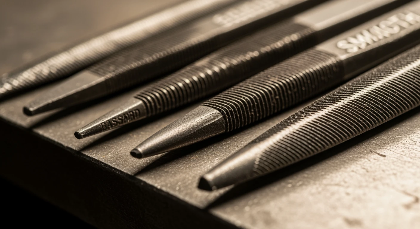 IJzervijl close-up: verschillende groftes (bastard, half-glad, glad) tonen de precisie van de vijltanden.