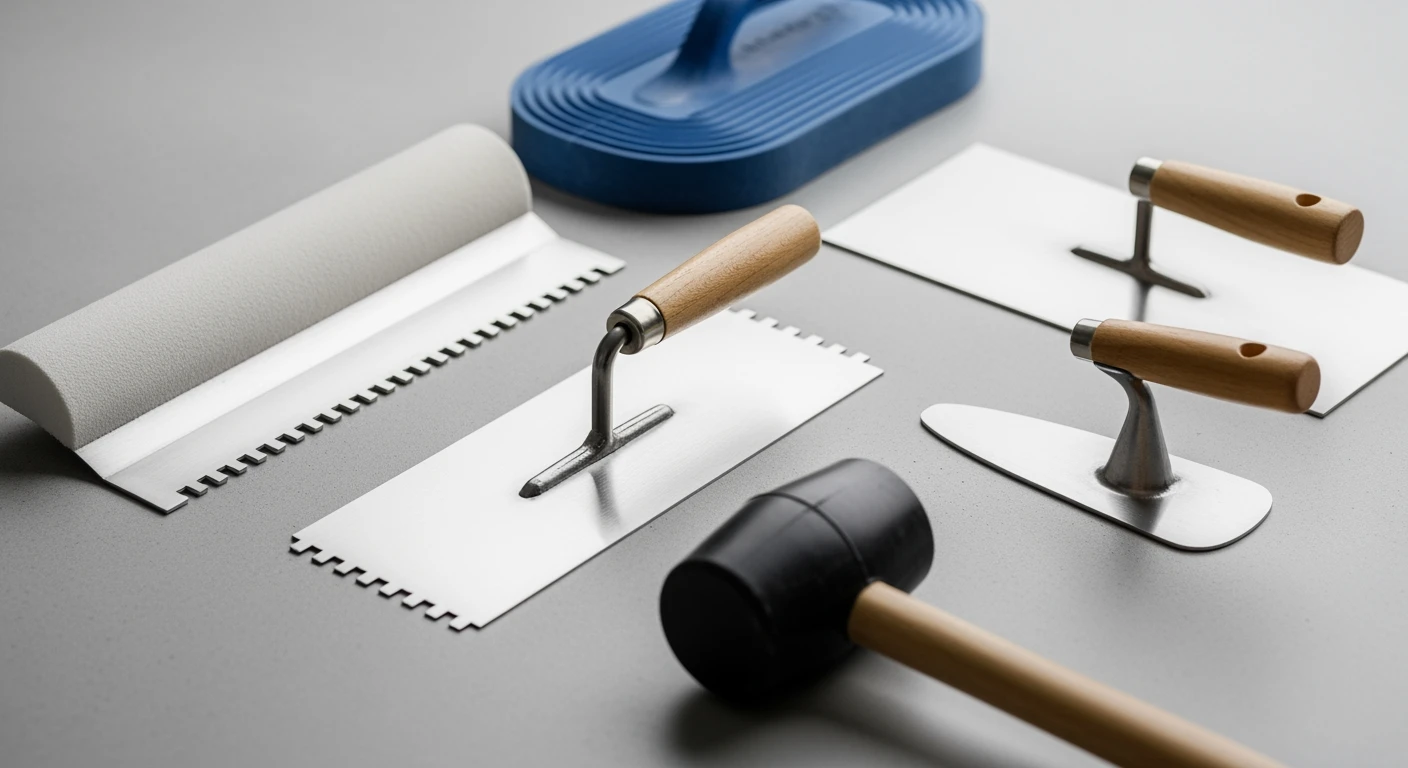 Tegelgereedschap: Essentiële tools zoals een troffel, voegspaan en rubberen hamer op een grijze achtergrond.