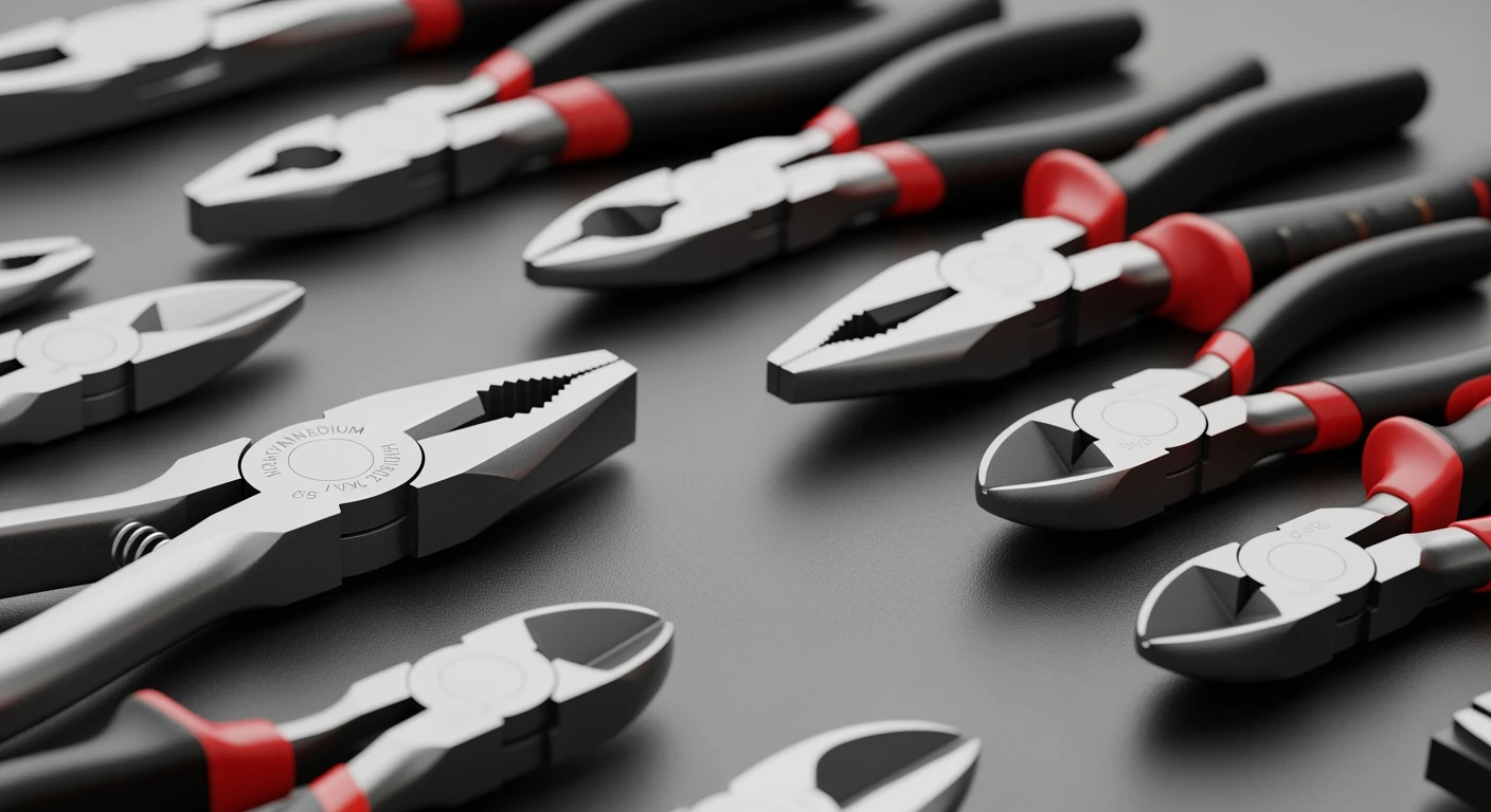 Diverse **tang**en (combinatie, knip, punt) op een werkbank. Detailopname van de bekken en handgrepen.