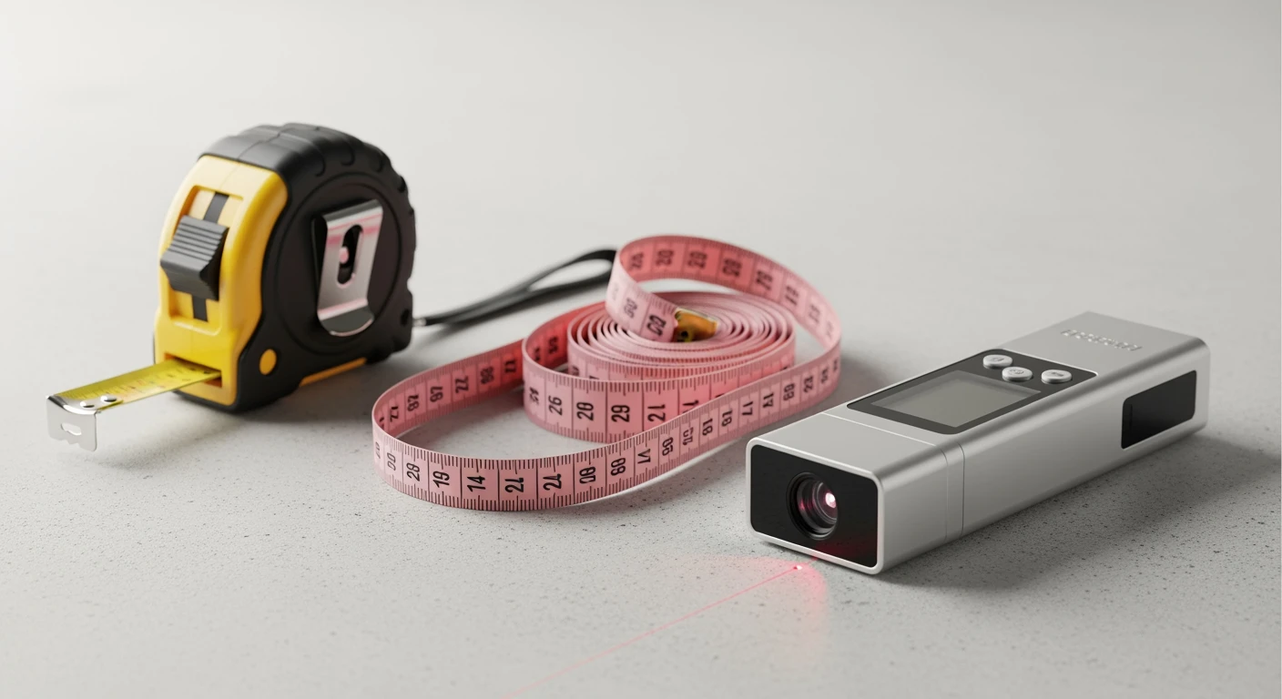 Meetlint: Rolbandmaat, flexibel meetlint en laser afstandsmeter op grijze achtergrond.