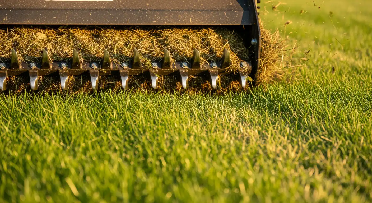 Verticuteermachine in actie: dichtbijbeeld van het verticuteren van een groen gazon.