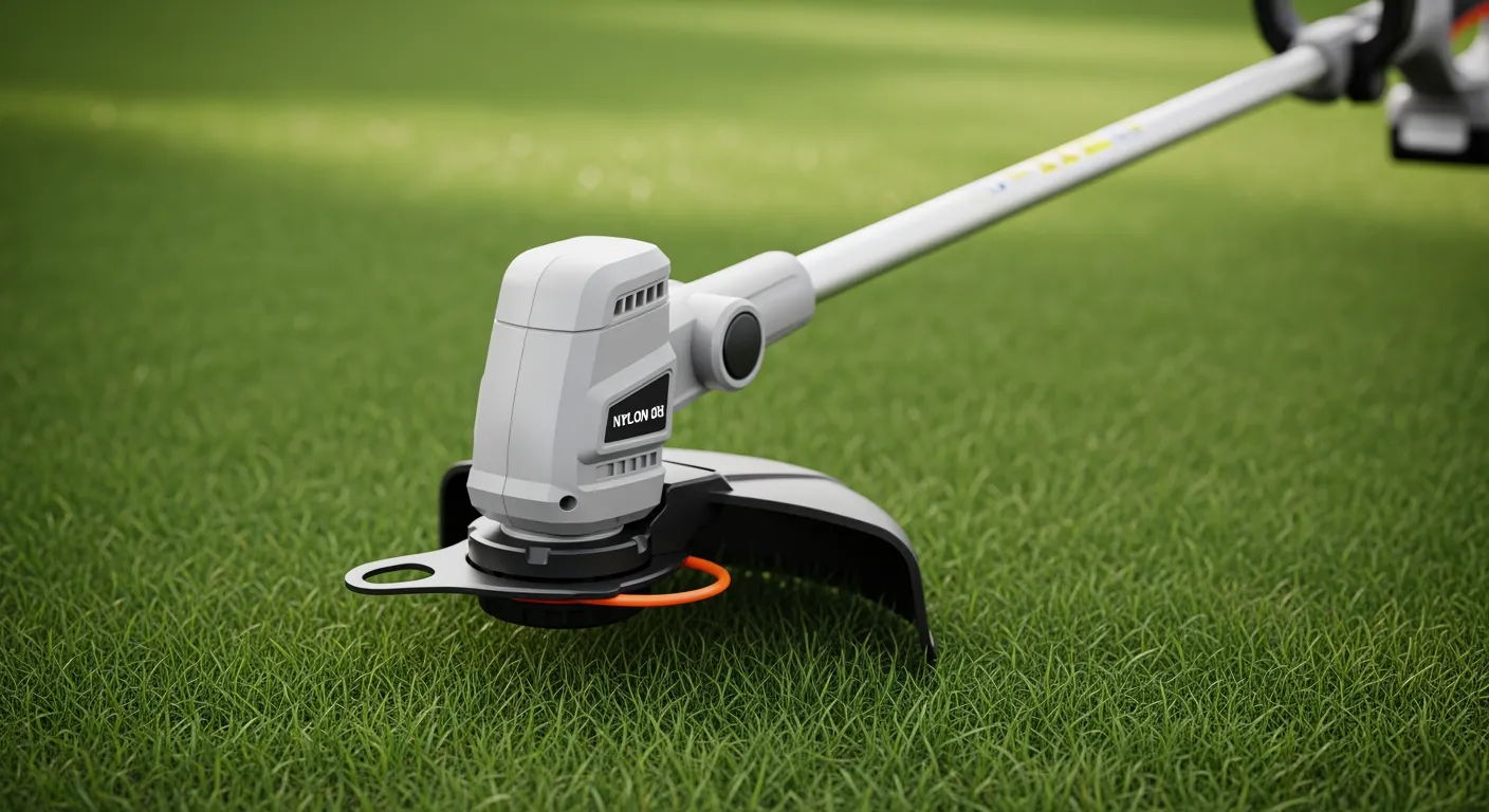 Draadloze grastrimmer op groen gras. Close-up van de trimmerkop met nylon snijlijn.