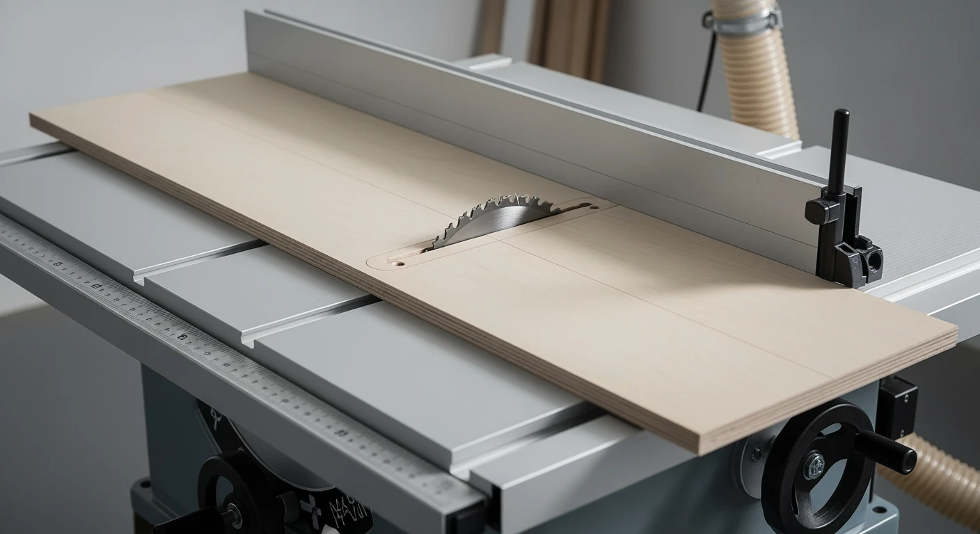 Zaagtafel in moderne werkplaats toont precieze zaagsnede in licht hout.