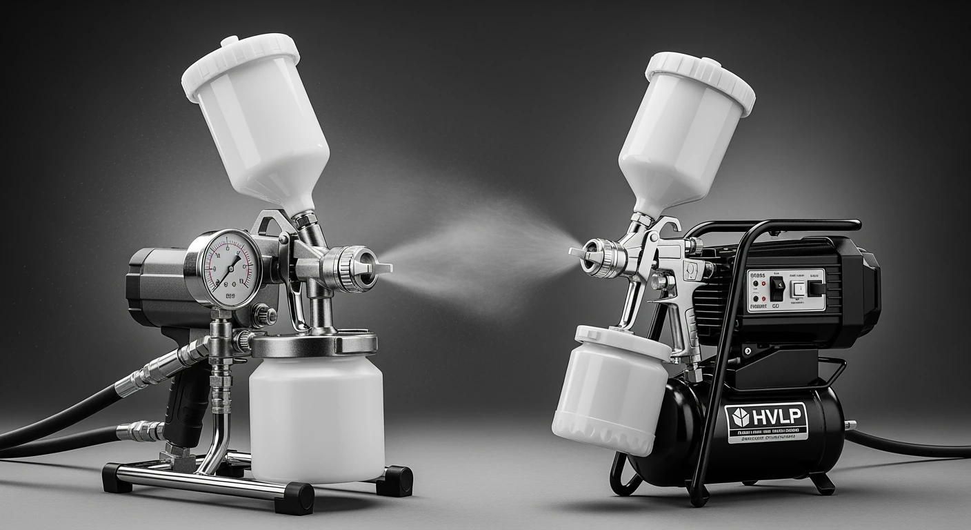 Professionele verfspuit: airless en HVLP modellen naast elkaar in een werkplaats setting.