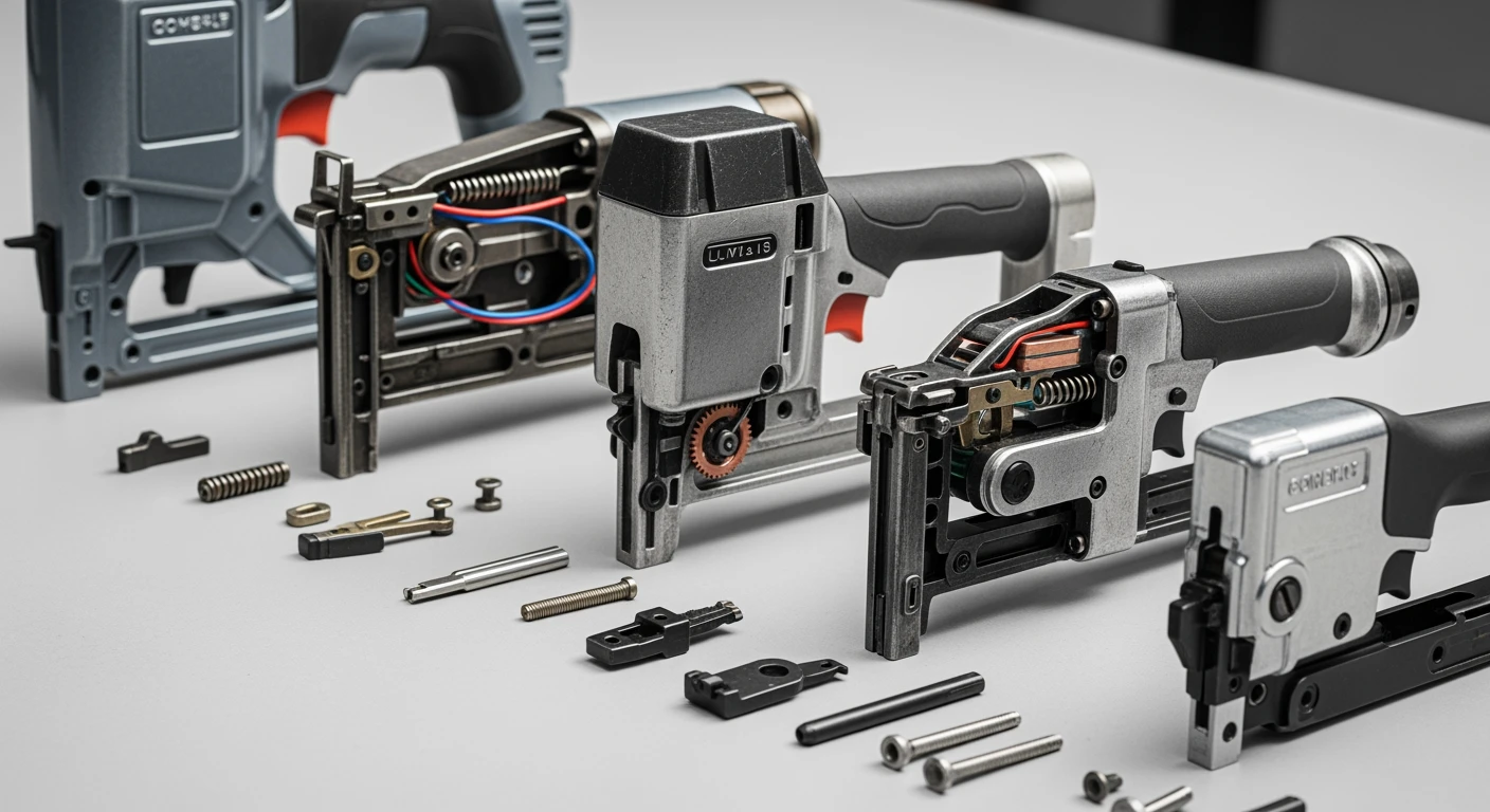 Diverse tackers: elektrisch, pneumatisch en handtacker, gedetailleerd weergegeven.