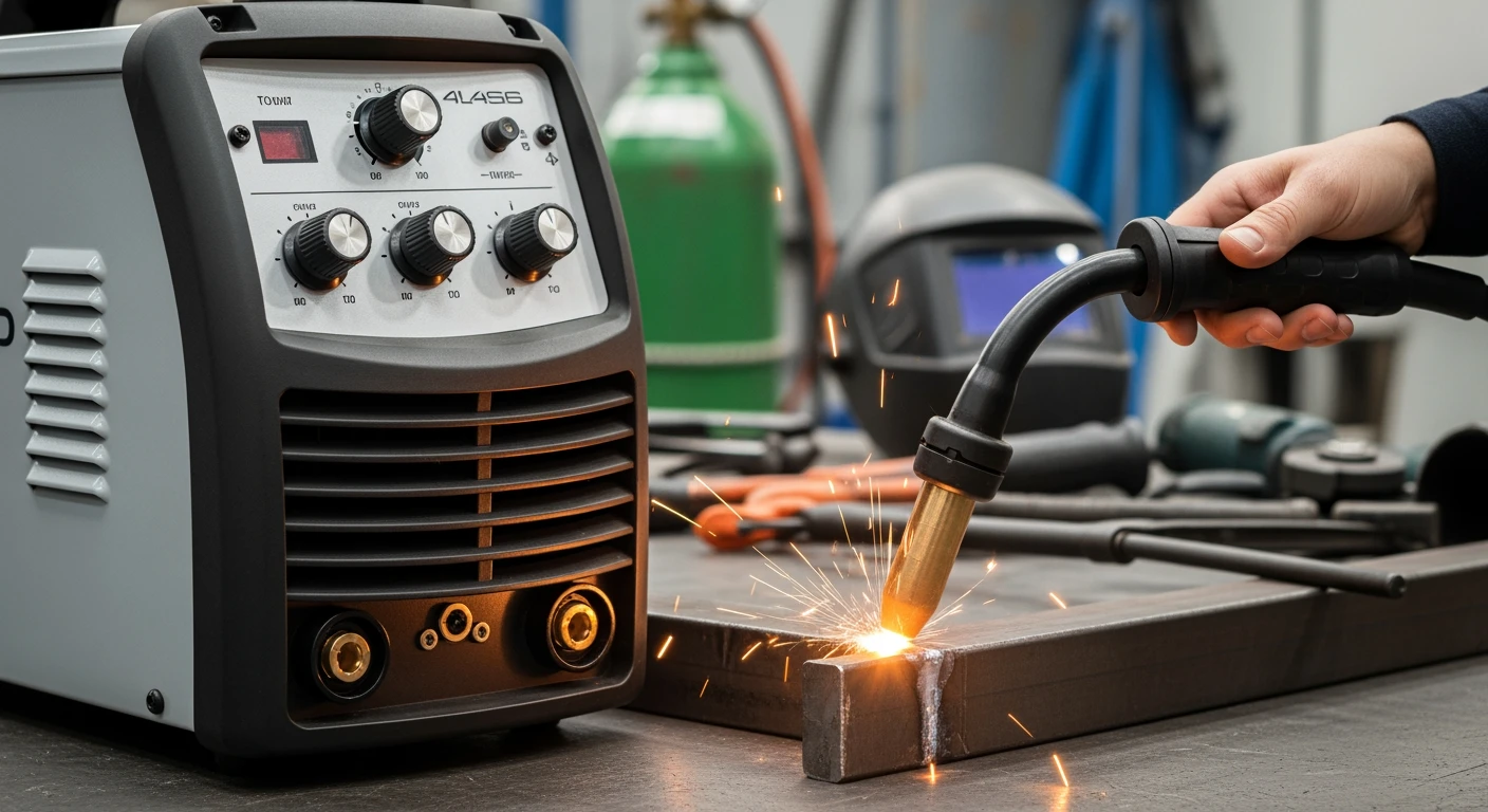 Close-up van een modern lasapparaat in een werkplaats, met subtiele vonken en focus op details.