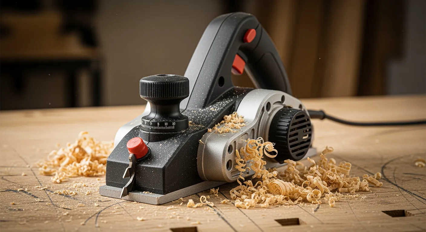 Elektrische schaafmachine op werkbank met houtsnippers. Precisie schaafmachine voor houtbewerking.