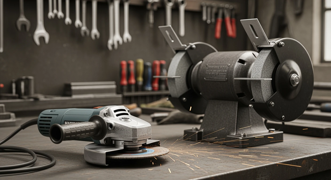 Slijpmachine haakse en tafelslijper in werkplaats. Professioneel gereedschap voor metaalbewerking.