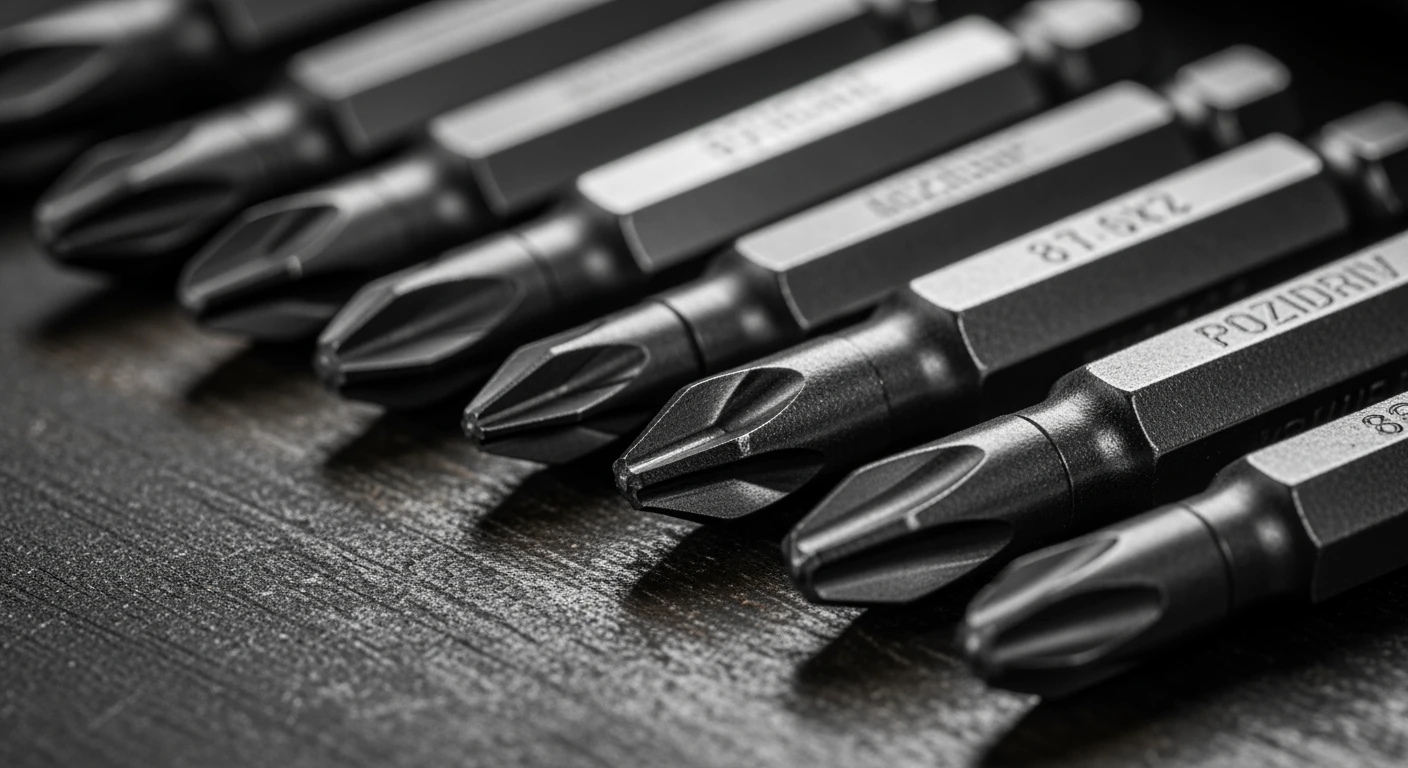 Diverse bitset schroefbits (Pozidriv, Phillips, Torx, Hex) op een donkere werkbank.