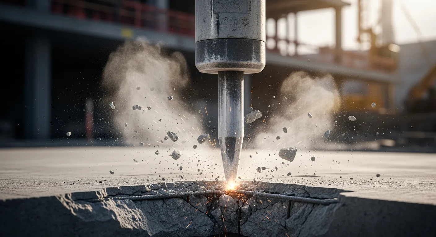 Breekhamer in actie: Slaat door beton. Krachtig gereedschap voor sloopwerkzaamheden.