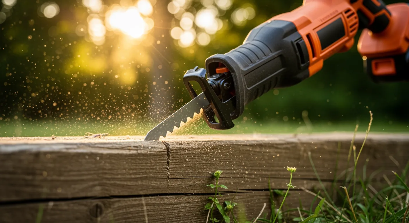 Accu reciprozaag zaagt door dikke houten balk. Krachtige zaag in actie.