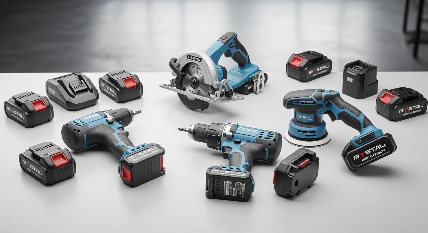 Accuplatform: Snoerloos gereedschap met verwisselbare accu's op een werkbank.