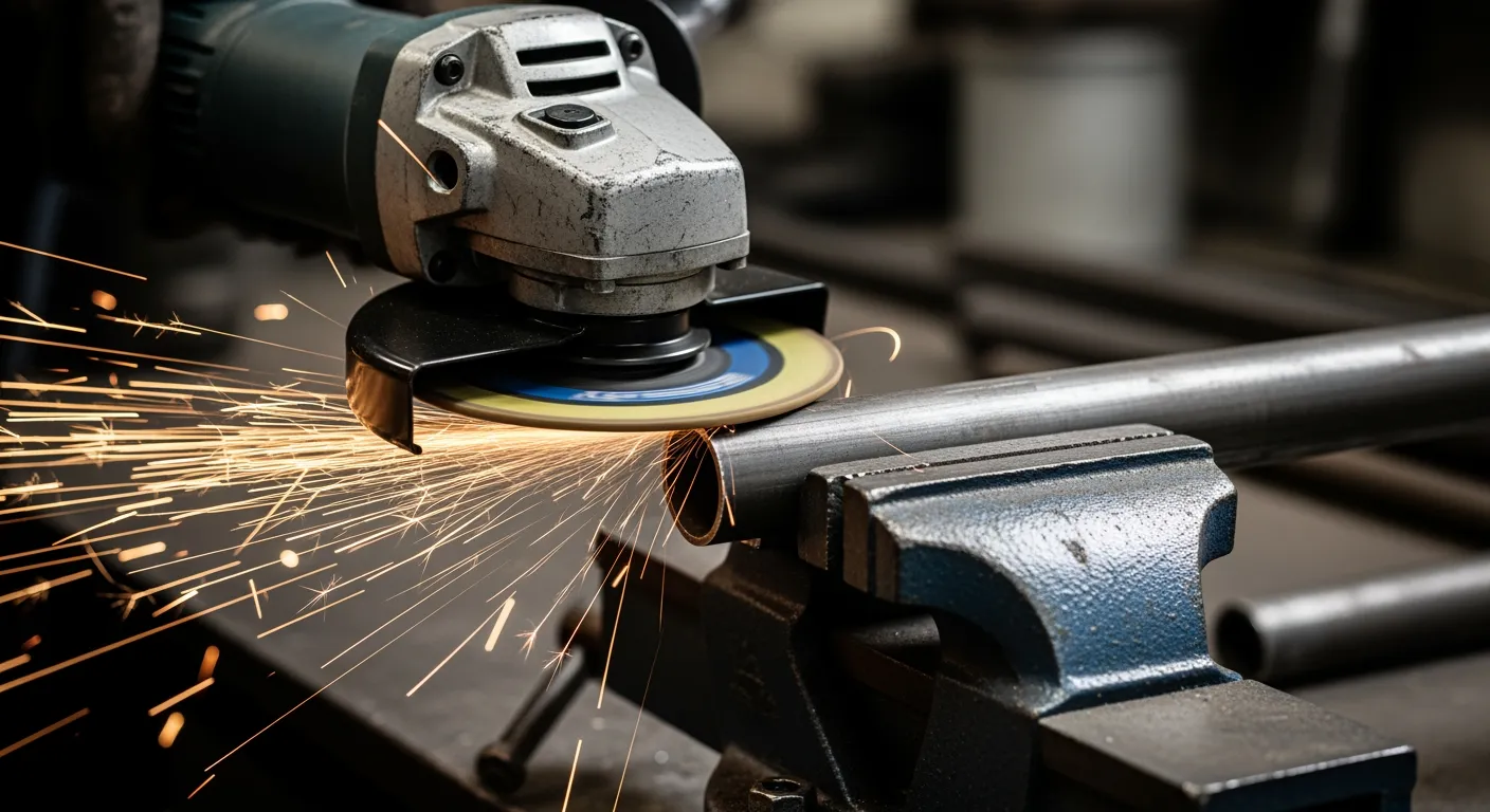 Haakse slijper snijdt metalen pijp. Vonken vliegen in het werkplaats.