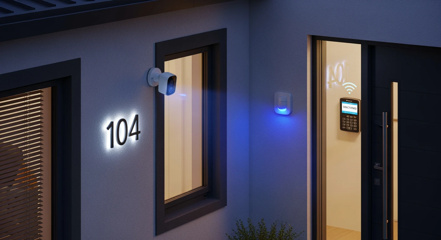 Elektronische beveiliging: Huis met slimme camera, bewegingssensor en verlicht huisnummer.