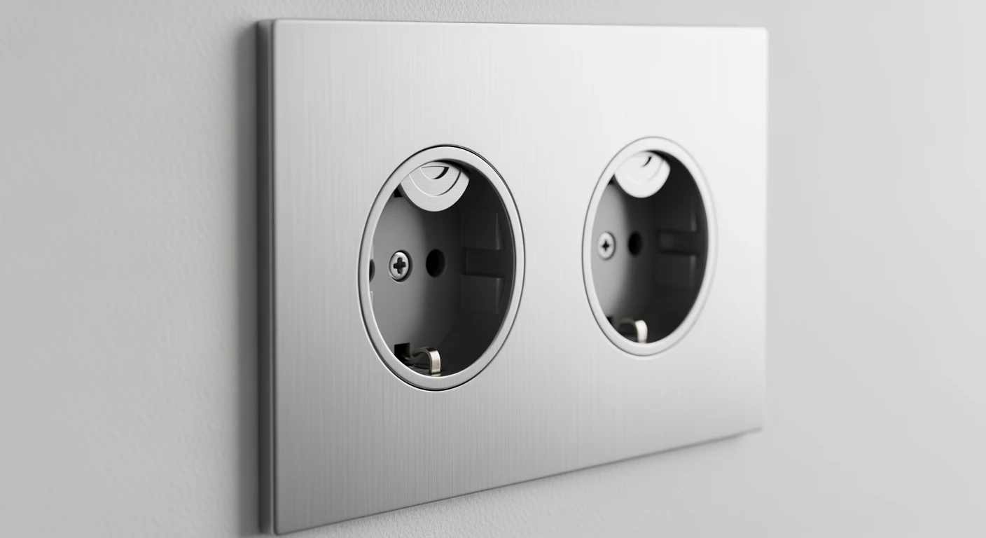 Stijlvol stopcontact: modern design met kindveilige contactdoos, geborsteld aluminium.