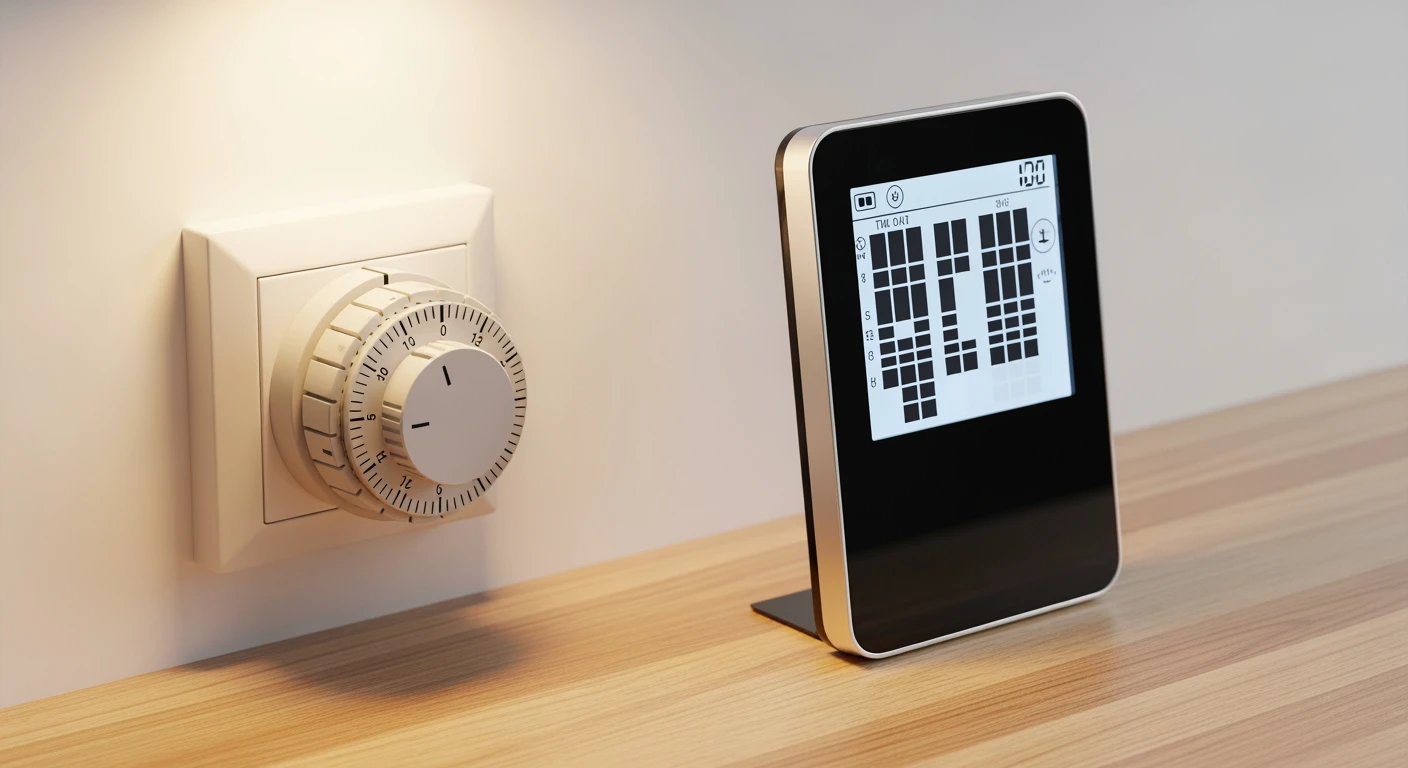 Schakelklok: Mechanische & digitale timer naast elkaar op een keukenblad.