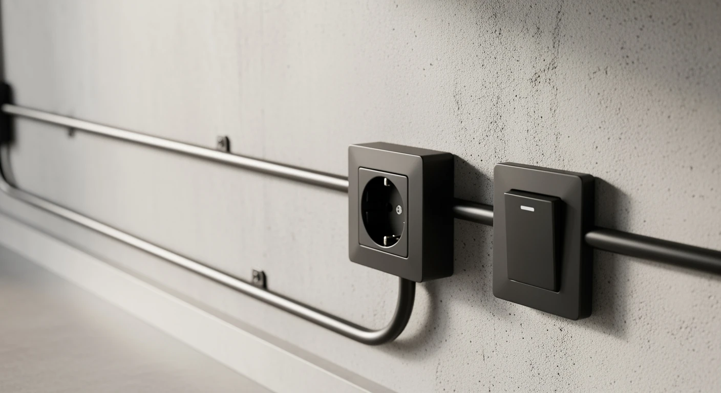 Strakke keuken met zwart opbouw schakelmateriaal tegen een betonmuur.