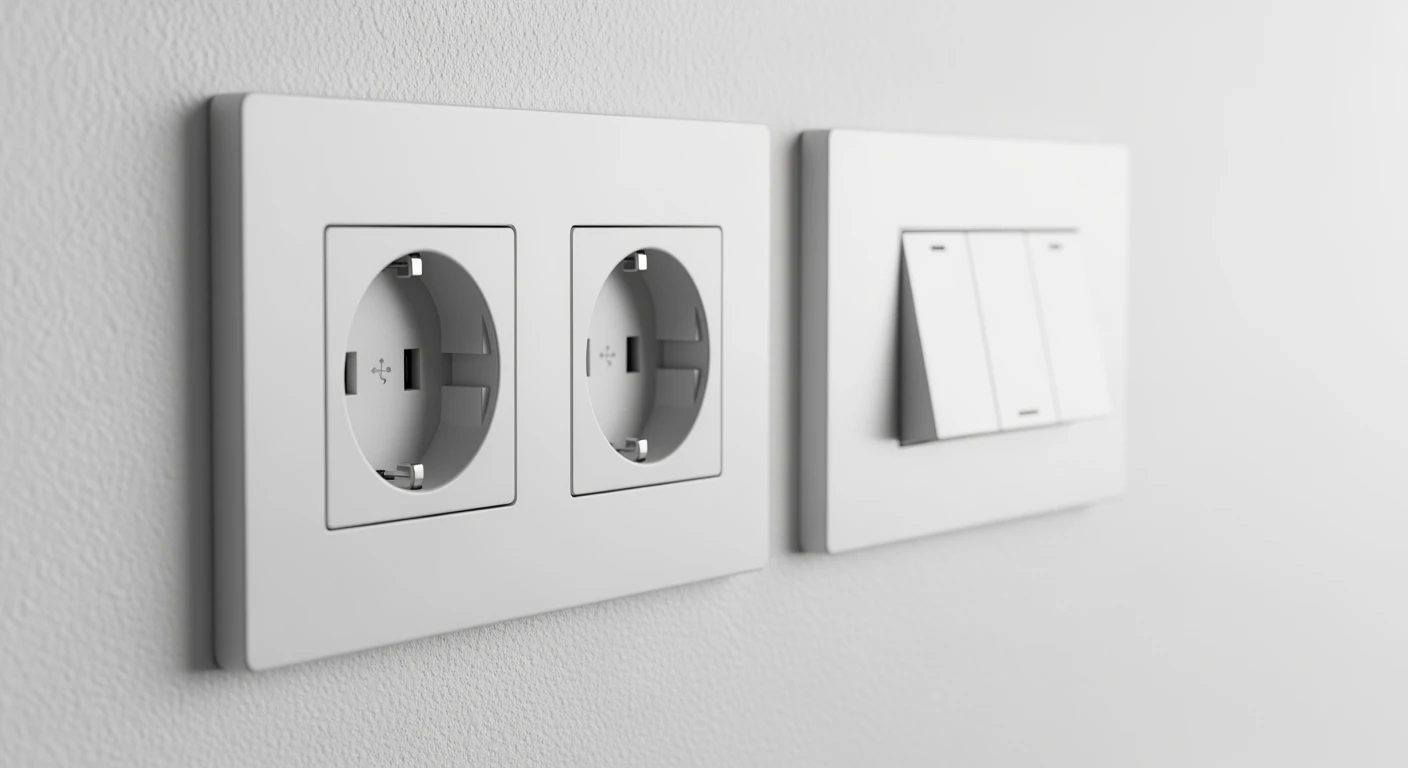 Strak inbouw schakelmateriaal: witte wandcontactdoos met USB-C en dimmer, naadloos geïntegreerd.