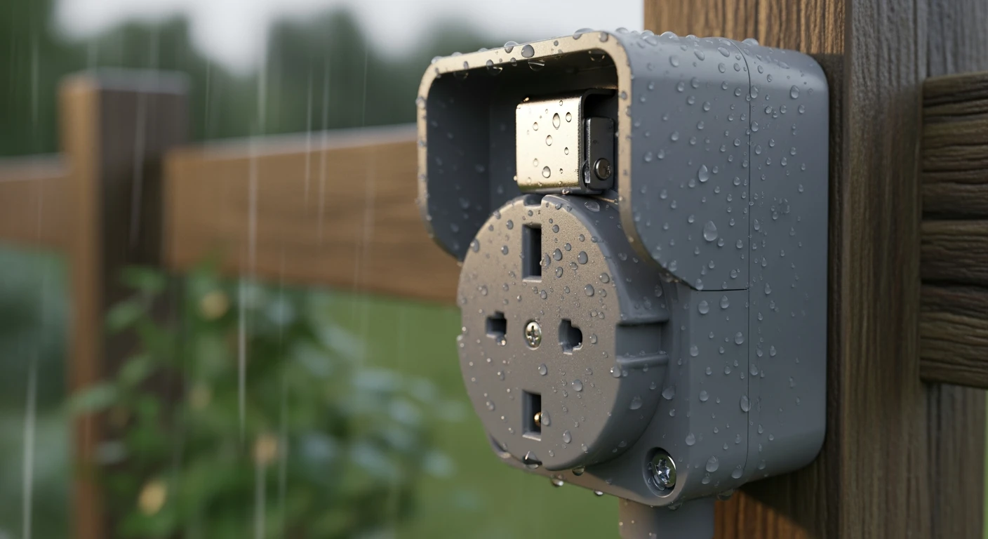 Robuust schakelmateriaal buiten: IP66 stopcontact op houten paal, bestand tegen regen.