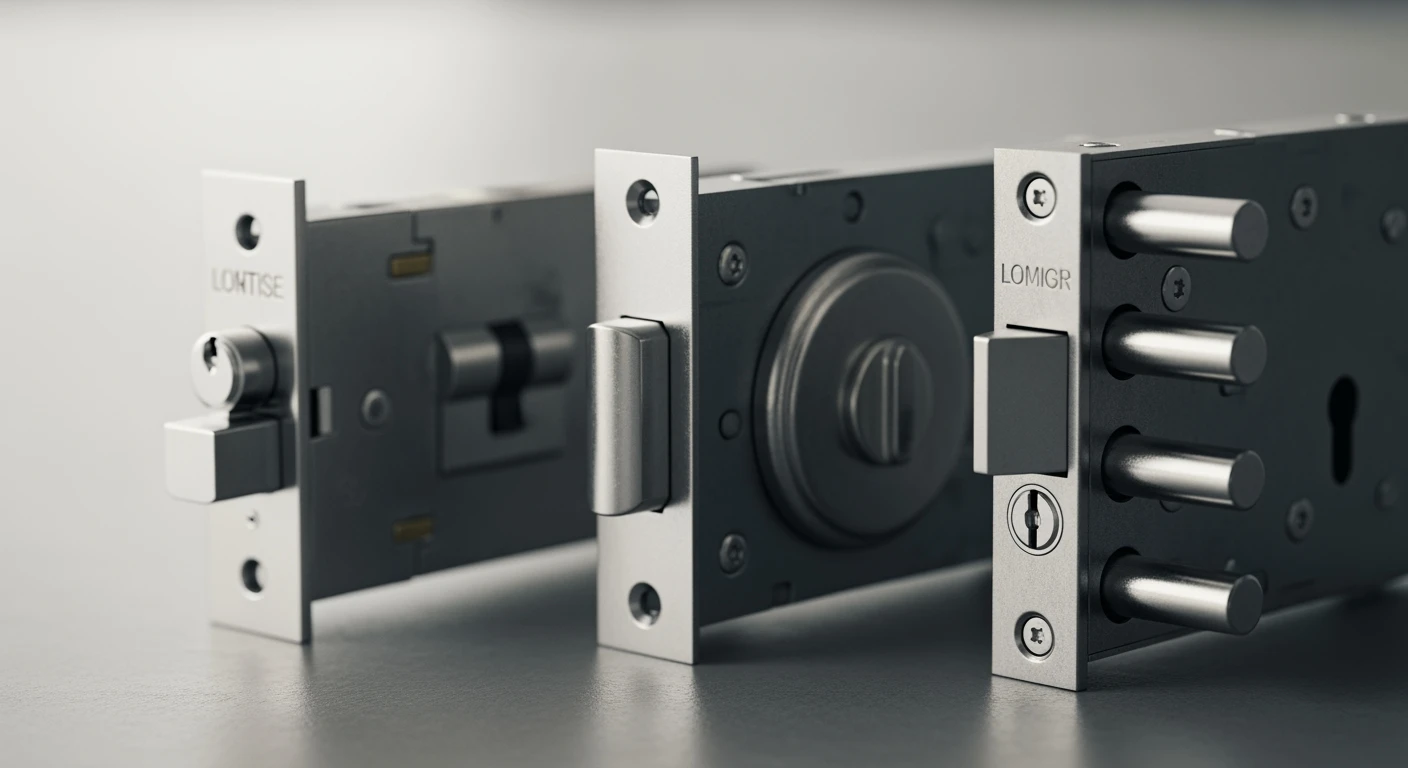 Drie typen **deursloten** naast elkaar: insteekslot, oplegslot en meerpuntssluiting.