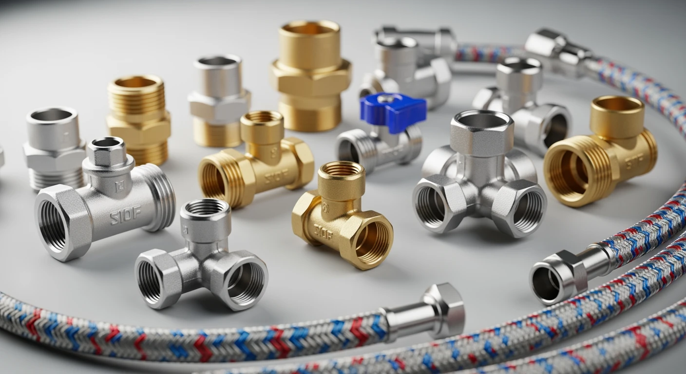 Sanitair aansluitmateriaal: Diverse nieuwe messing en chromen fittingen, zoals compressiekoppelingen en flexibele slangen.