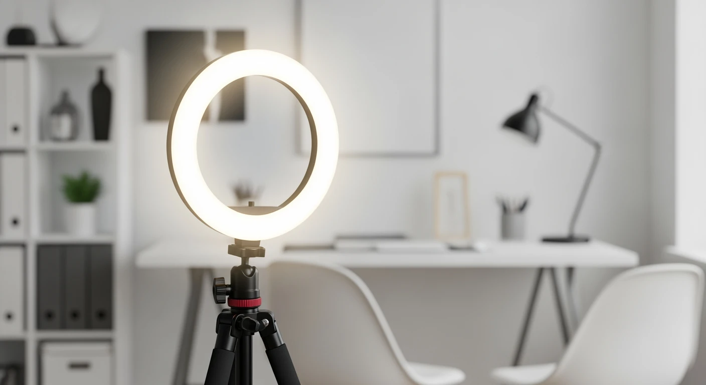 LED ring lamp voor vlog, met statief in een moderne setting.