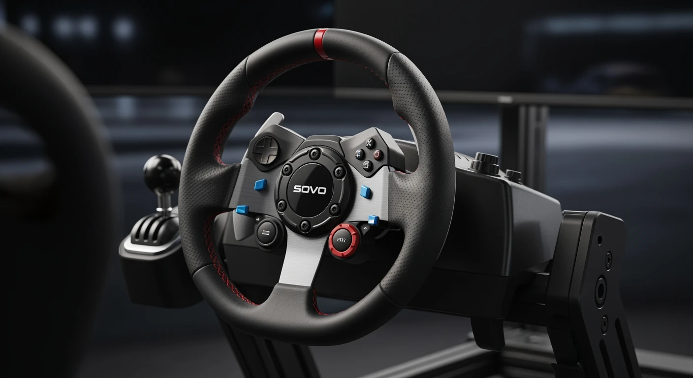 Hoogwaardig racestuur gemonteerd op een zwart racecockpit frame.