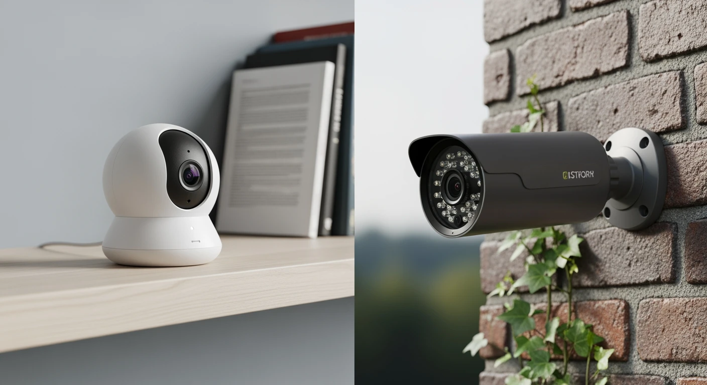 Twee IP camera's: binnenmodel (wit) op een plank, buitenmodel (grijs) aan een bakstenen muur.