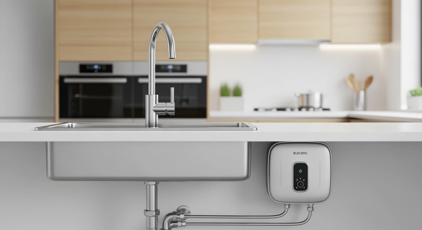 Moderne doorstroomboiler onder keukenspoelbak. Compact design voor direct warm water.