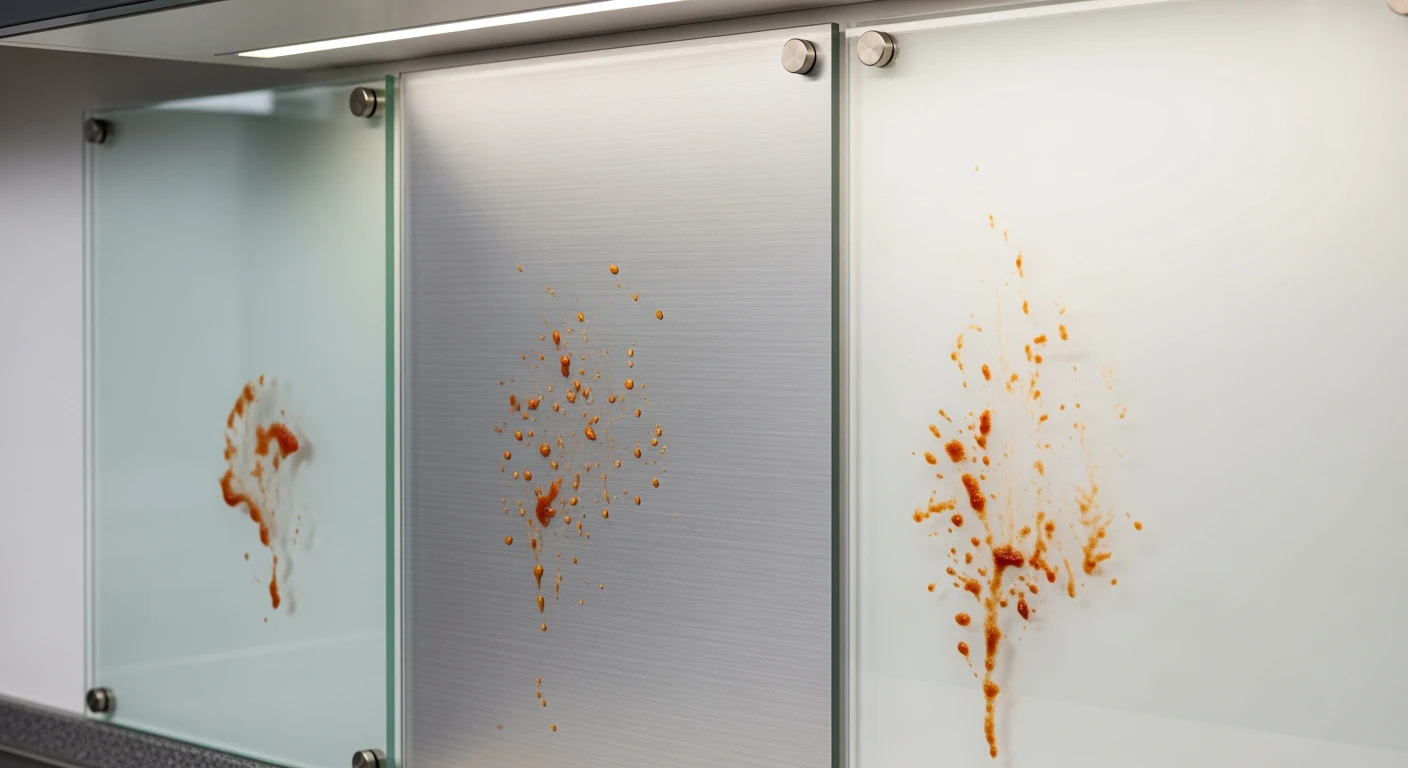 Spatscherm keuken: Vergelijking van materialen (glas, aluminium, plastic) met kookspetters.