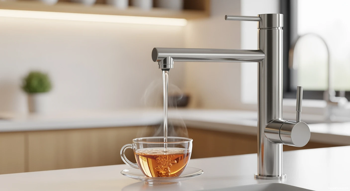 Strakke combi-kokendwaterkraan tapt kokend water in een theekop. Moderne keukenachtergrond.