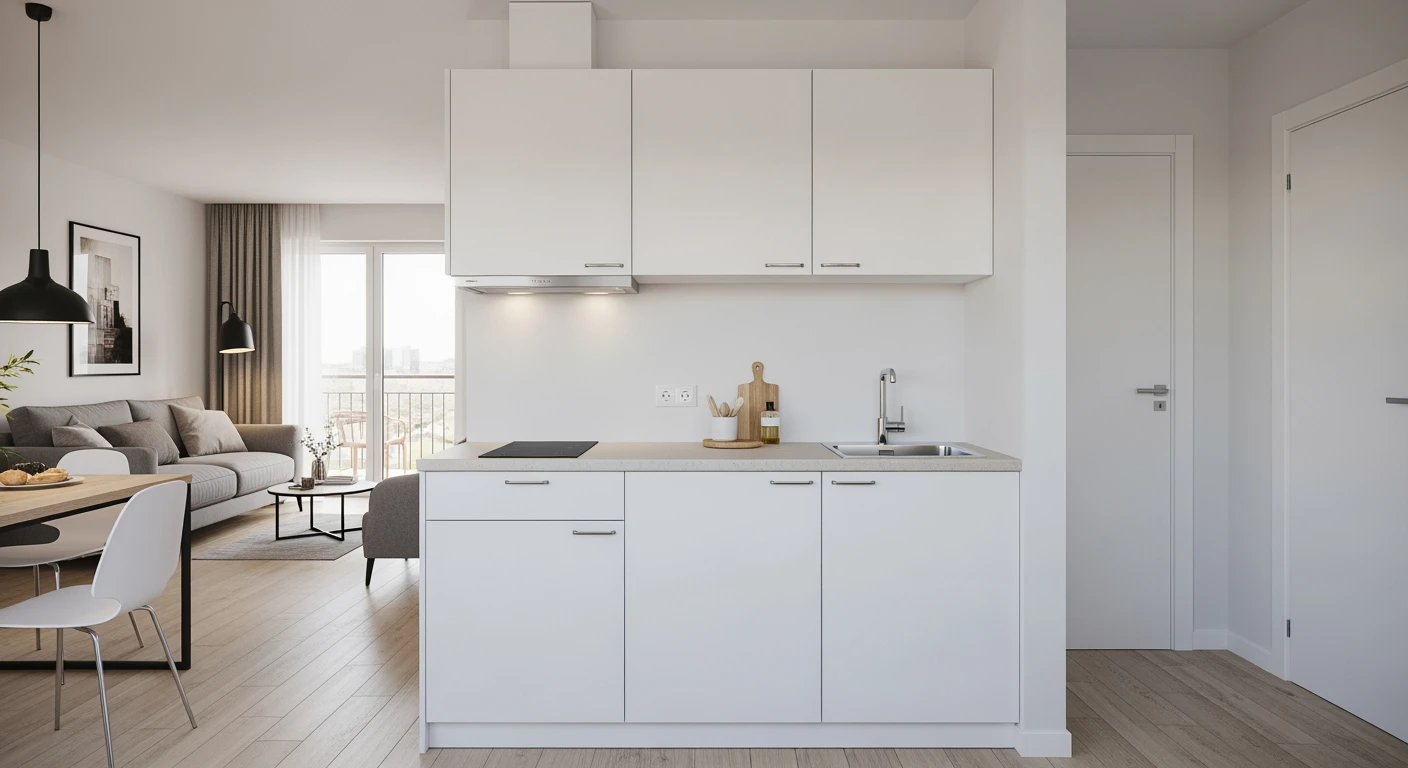 Stijlvol 120cm keukenblok met Franke spoelbak in een moderne studio. Ruimtebesparend design.