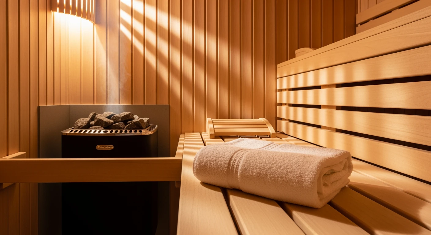 Sfeervolle sauna met houten banken, stenen en stoom. Perfect voor ontspanning en herstel.
