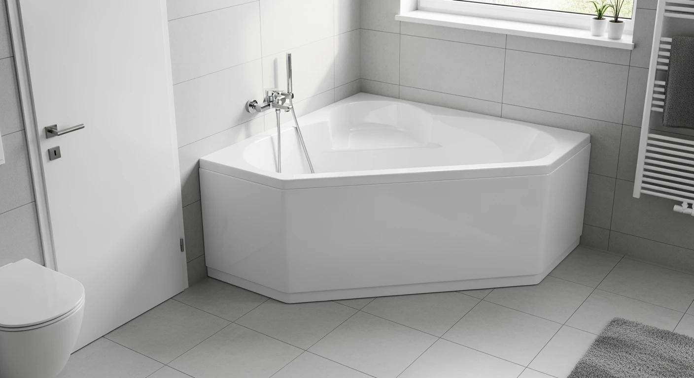 Stijlvol hoekbad in moderne badkamer. Ruimtebesparend design met lichte tegels en veel natuurlijk licht.