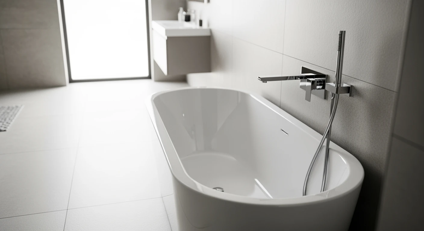 Stijlvol ligbad in een moderne, serene badkamer met zachte belichting.