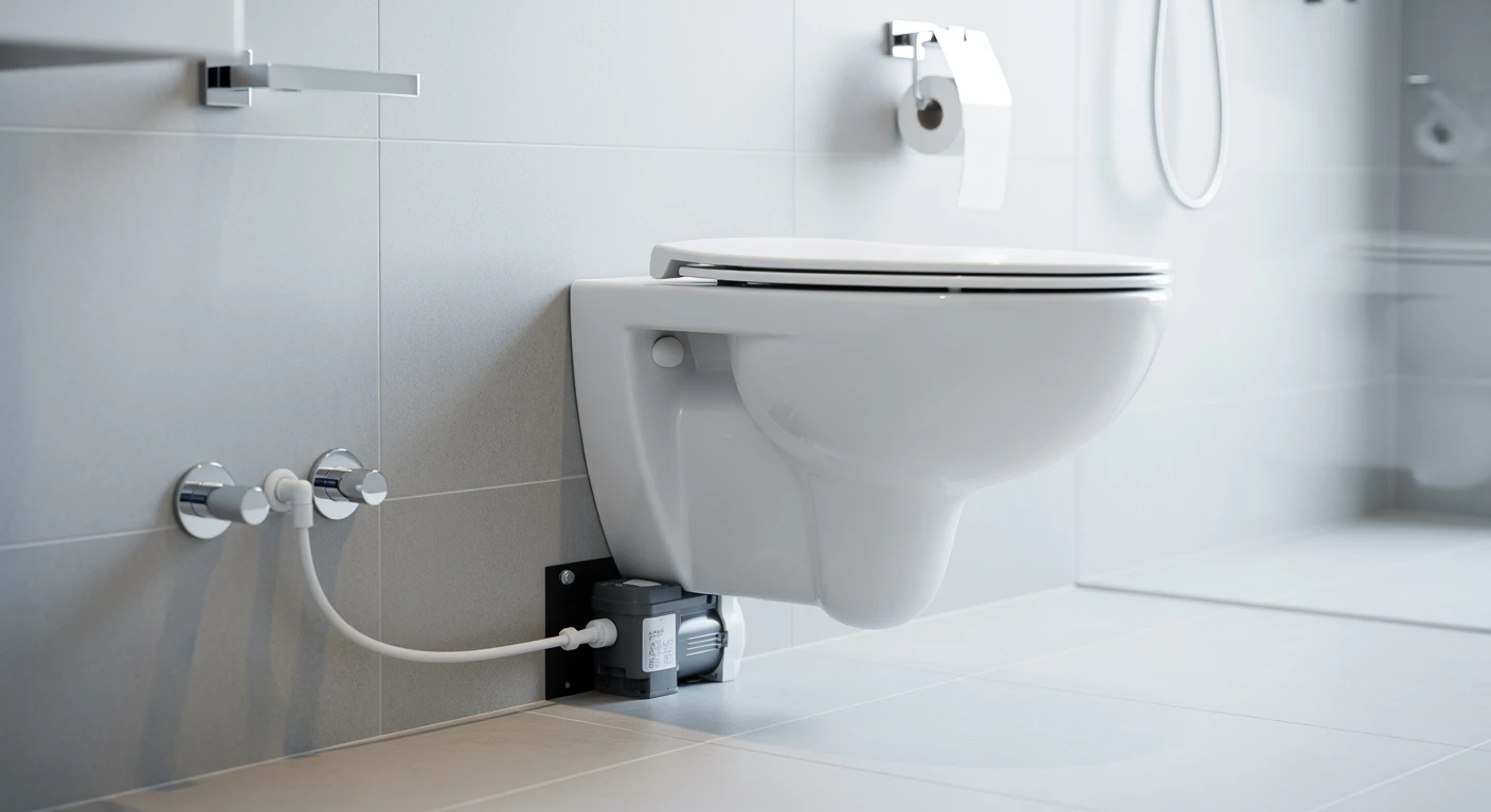 Moderne badkamer met broyeur onder wandcloset. Compacte oplossing zonder breekwerk.