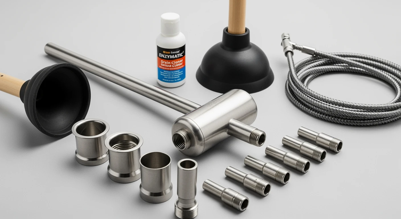 Onstoppingsgereedschap: Plunger, ontstoppingsveer en luchtdruk ontstopper op een rij.