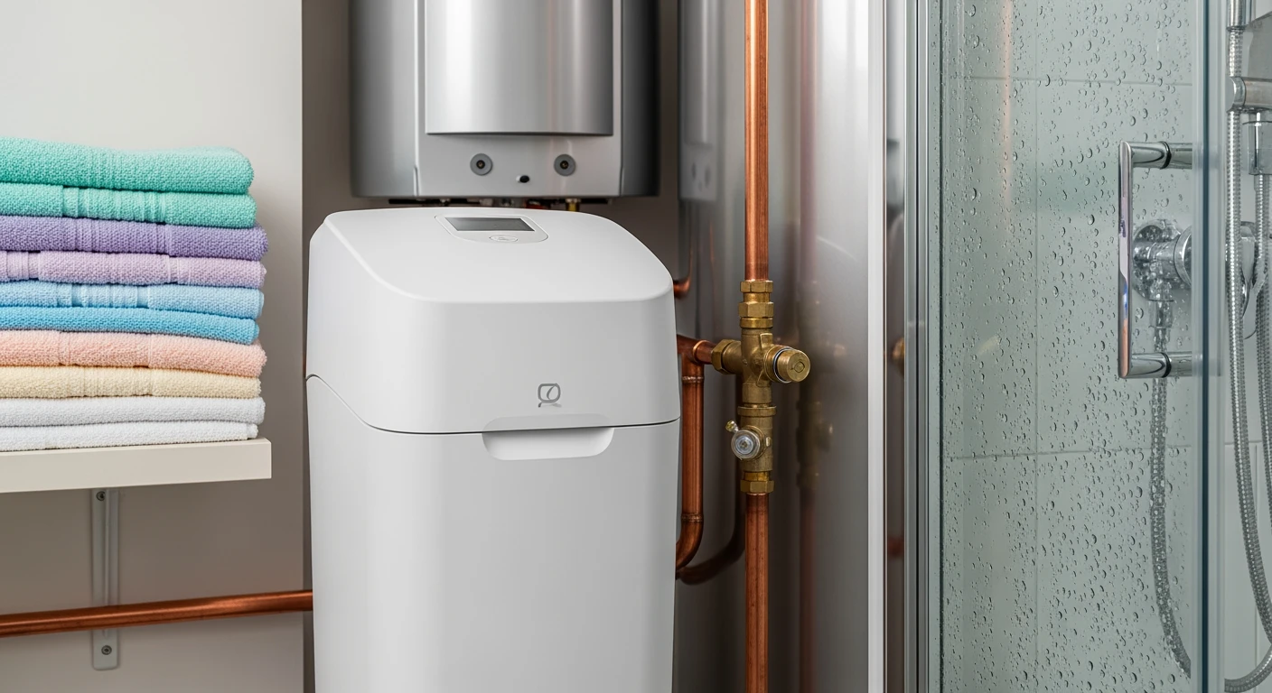 Moderne waterontharder in een schone ruimte. Zacht water = schone badkamer & zachte handdoeken.