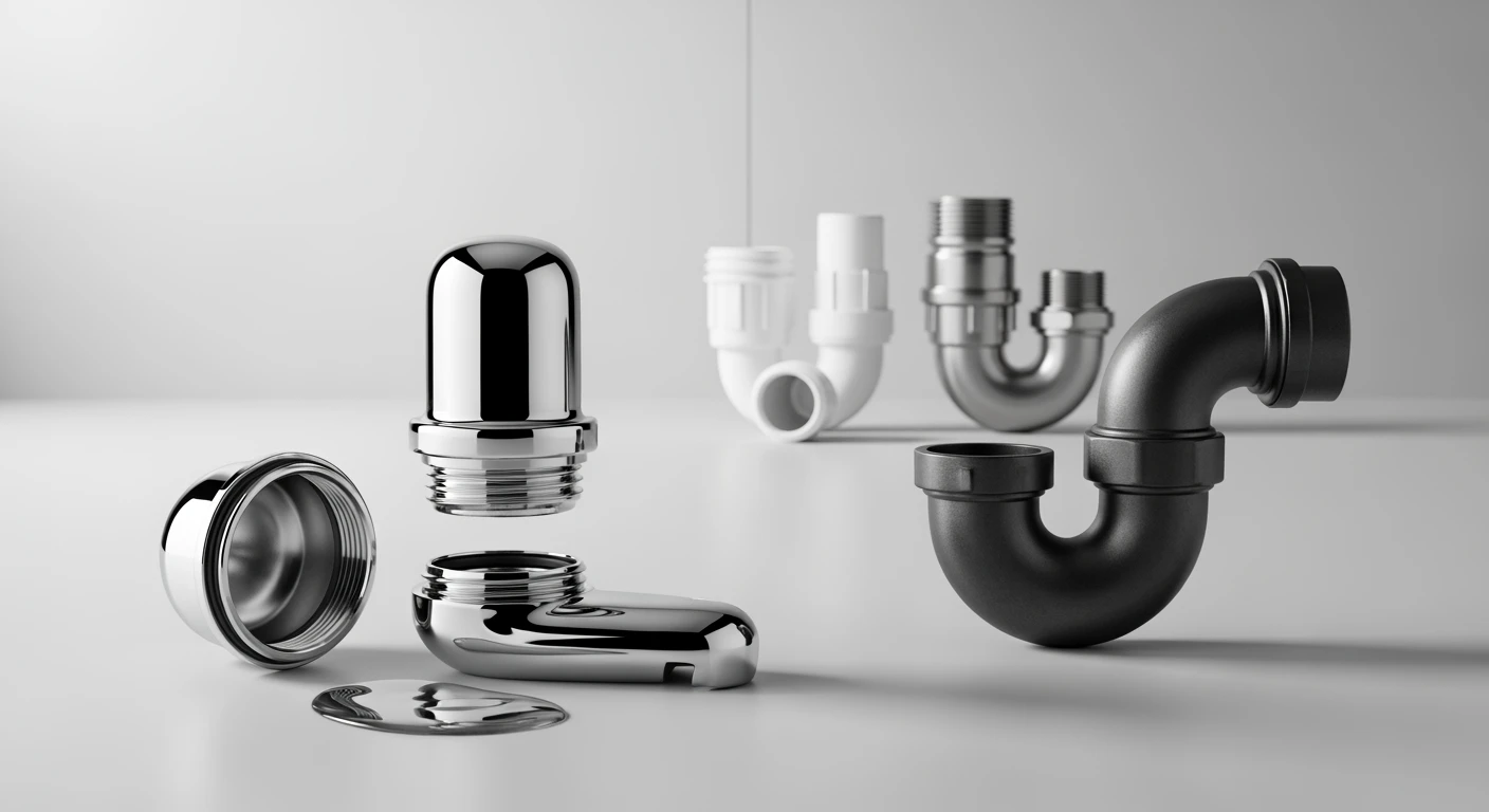 Diverse **sifon** types, waaronder een fles- en P-sifon, gedemonteerd en in detail weergegeven.