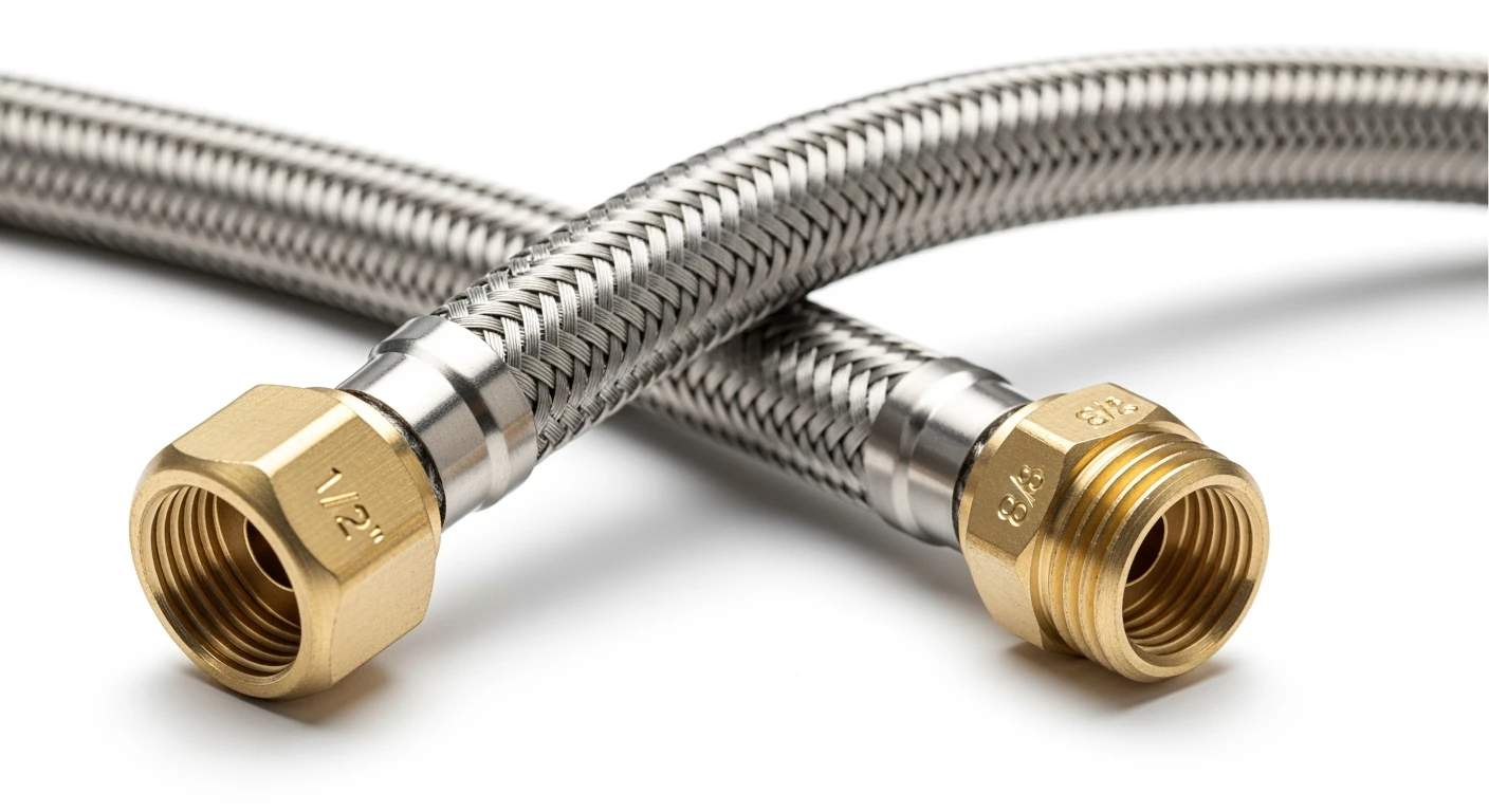 RVS aansluitslang close-up: flexibel, met messing fittingen.