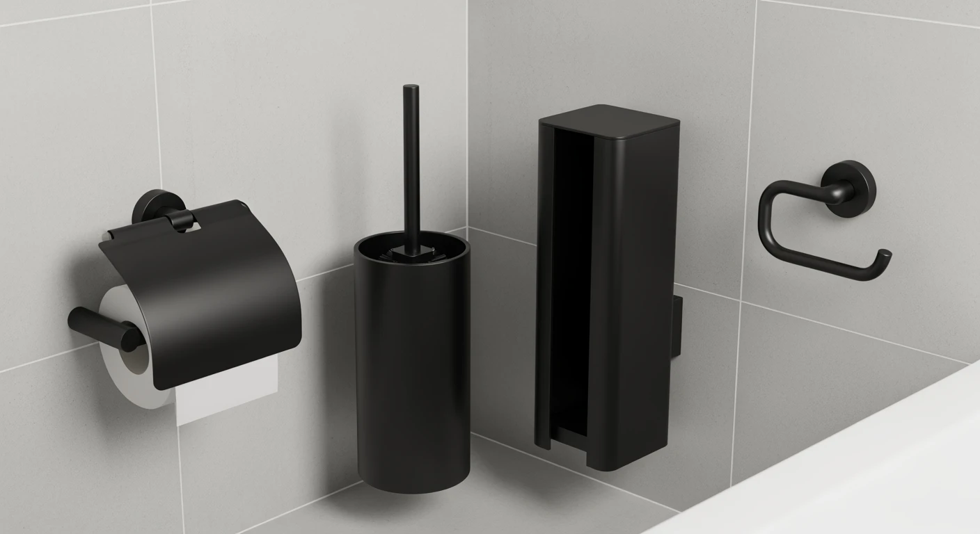 Mat zwarte toilet accessoires set: toiletrolhouder, borstel, reserve houder & handdoekhaak.