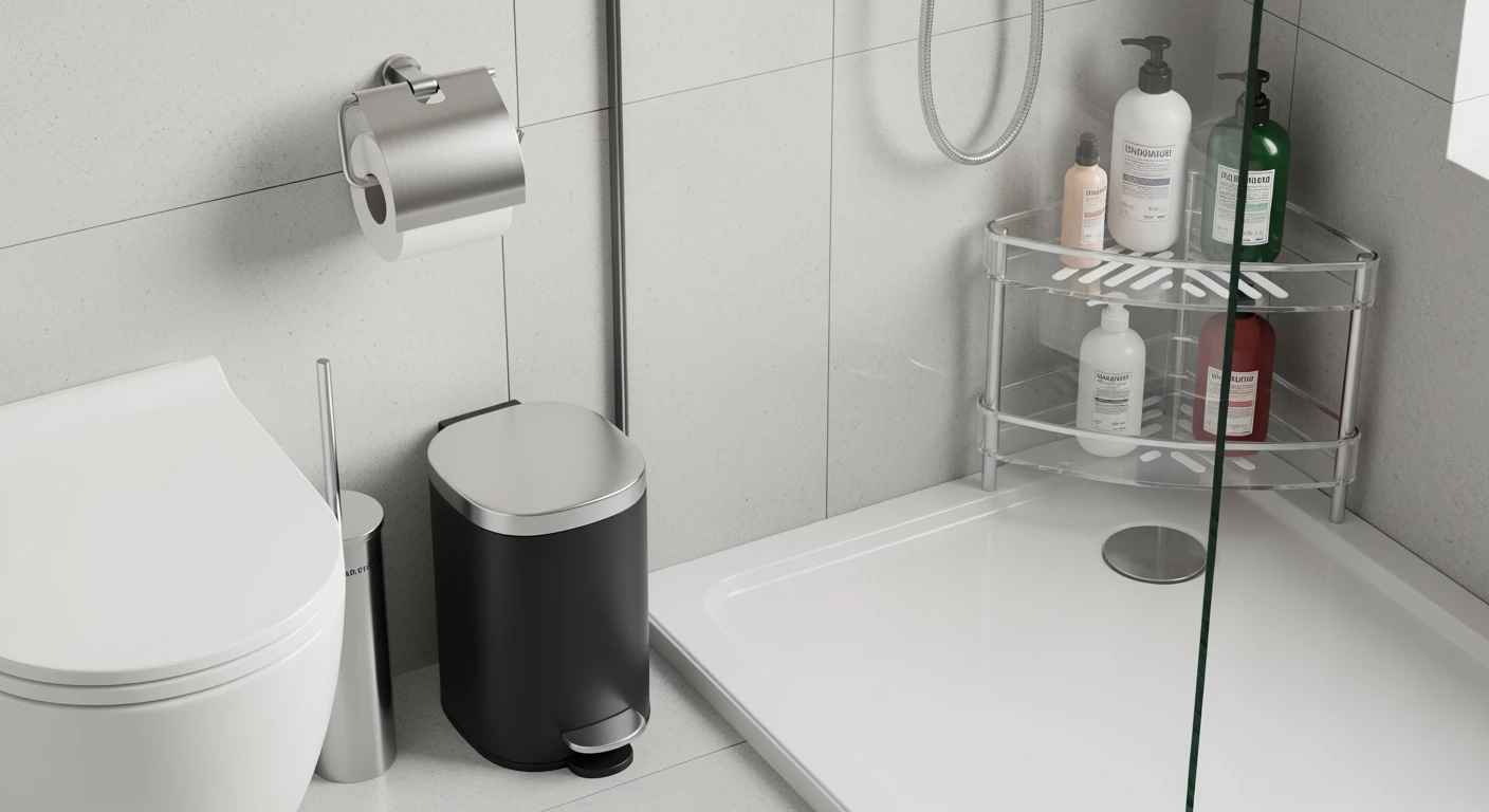 Moderne badkamer accessoires: toiletrolhouder, prullenbak, toiletborstel en douche caddy.