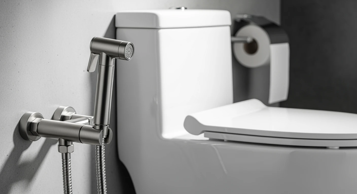 Bidetkraan: Moderne RVS handdouche set naast toilet voor hygiëne en waterbesparing.