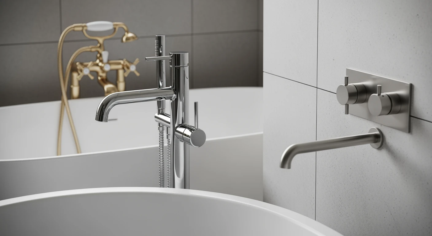 Moderne badkamer met drie soorten badkranen: vrijstaand, inbouw en badrand.