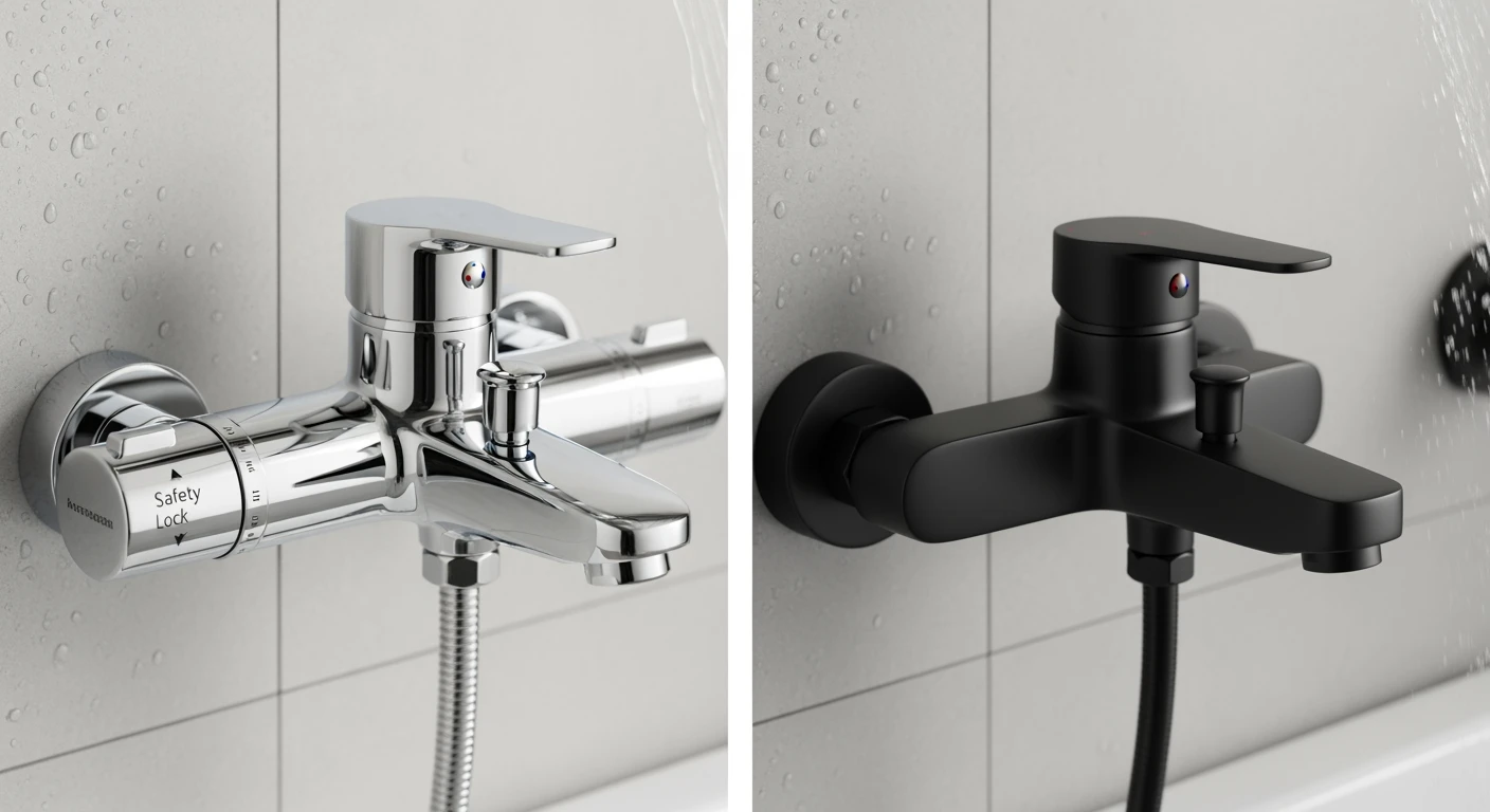 Douchekraan: Thermostatisch (chroom) vs. Mengkraan (mat zwart) in close-up.