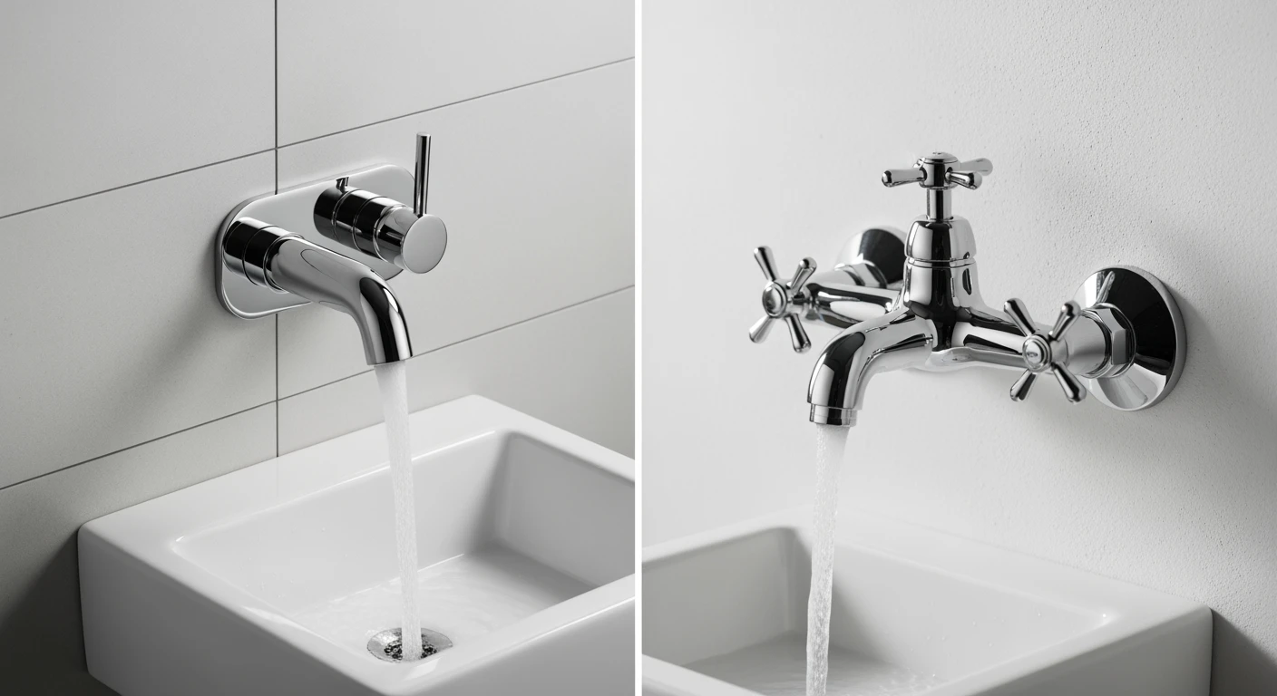 Fonteinkranen: Stijlvolle badkameropstellingen met inbouw en opbouw fonteinkraan in chroom.
