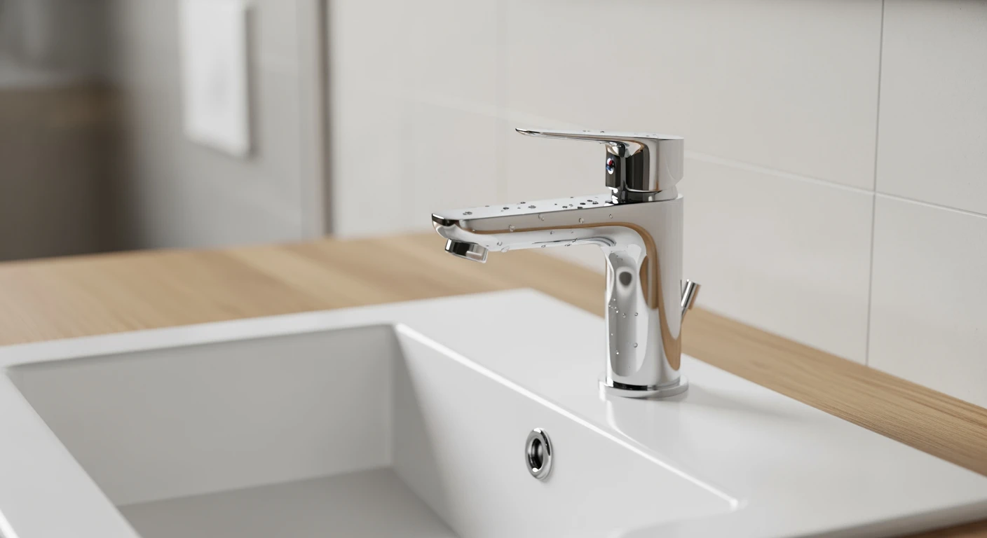 Moderne wastafelkraan op een witte keramische wasbak in een lichte houten badkamer.